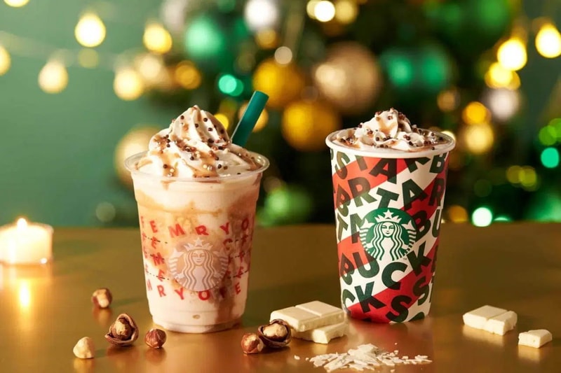 Starbucks Japan Nutty White Chocolate Frappuccino Christmas holiday season festive lights trees dragees mocha hazelnut sauce milk whipped cream coffee chain swirl beverage