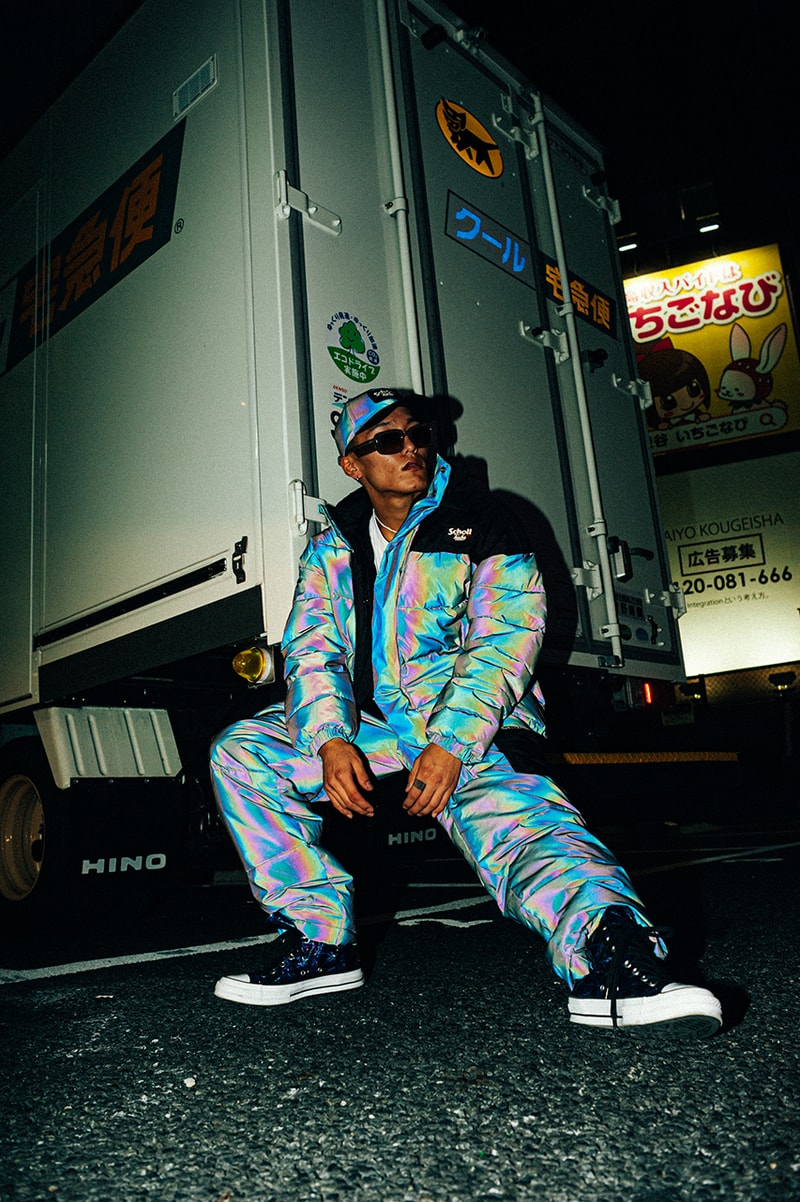 TEALER x Schott NYC Fall/Winter 2019 Collection Coats Jackets Puffers Warm Padded Trousers Reflective 3M Bright Iridescent Paris Streetwear lookbooks