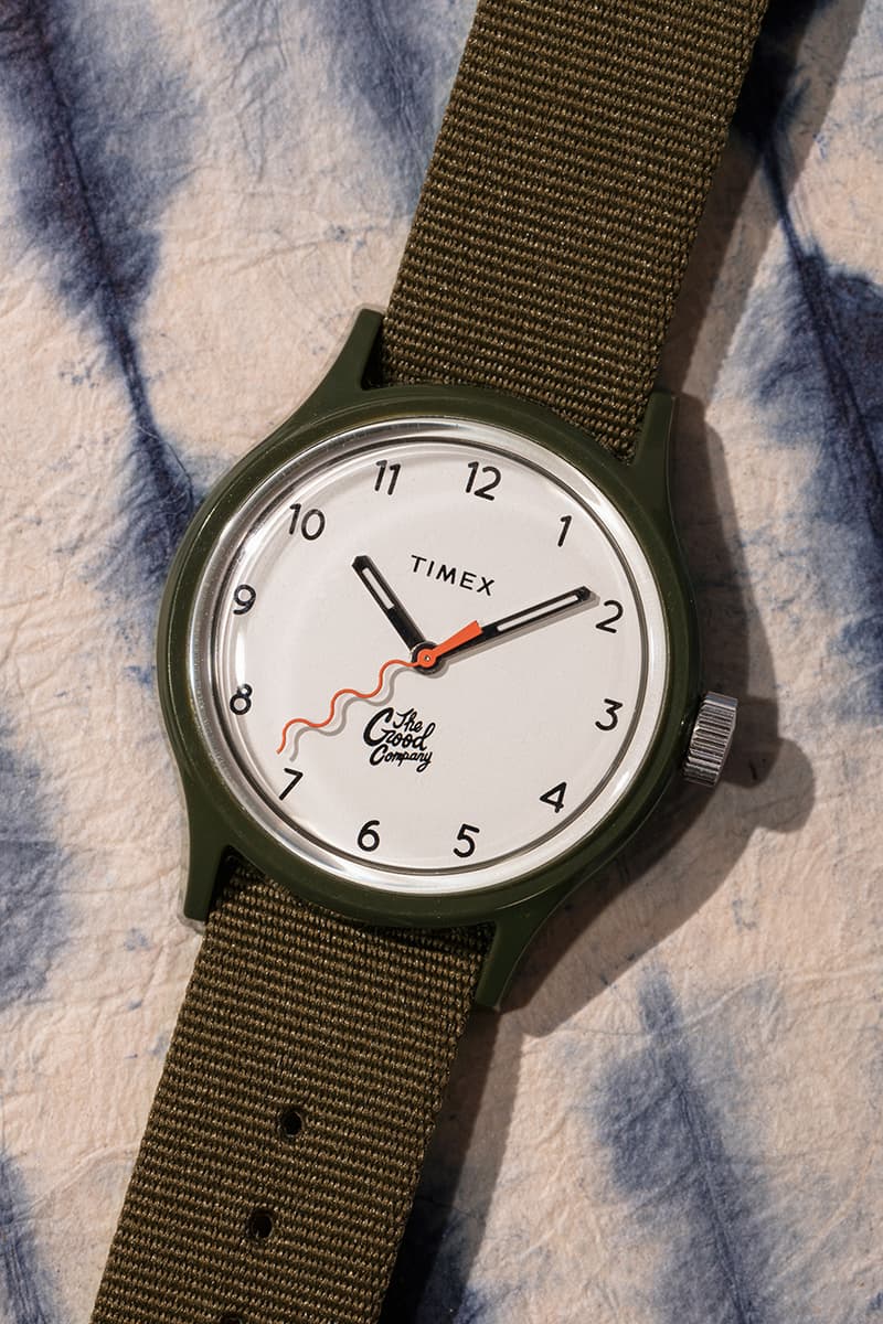 The Good Company x Timex MK1 02 Olive Case Strap Ivory Face Orange Wristband Brass Hour Minute Hand Glow in the Dark Watch Timepiece Wave Logo