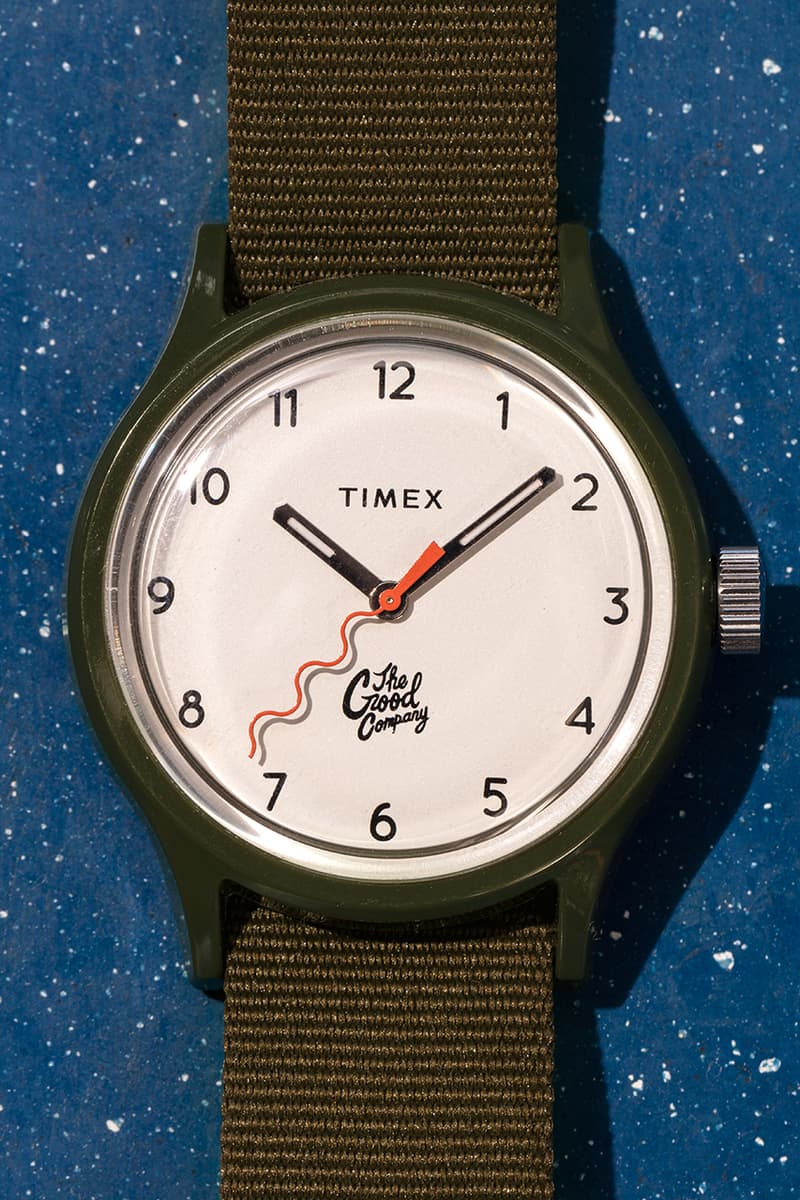 The Good Company x Timex MK1 02 Olive Case Strap Ivory Face Orange Wristband Brass Hour Minute Hand Glow in the Dark Watch Timepiece Wave Logo