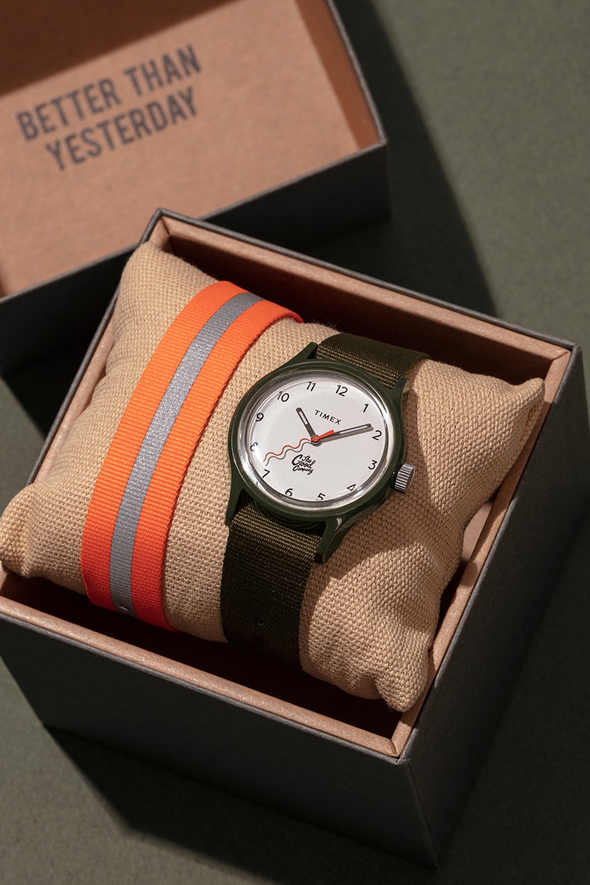 The Good Company x Timex MK1 02 Olive Case Strap Ivory Face Orange Wristband Brass Hour Minute Hand Glow in the Dark Watch Timepiece Wave Logo