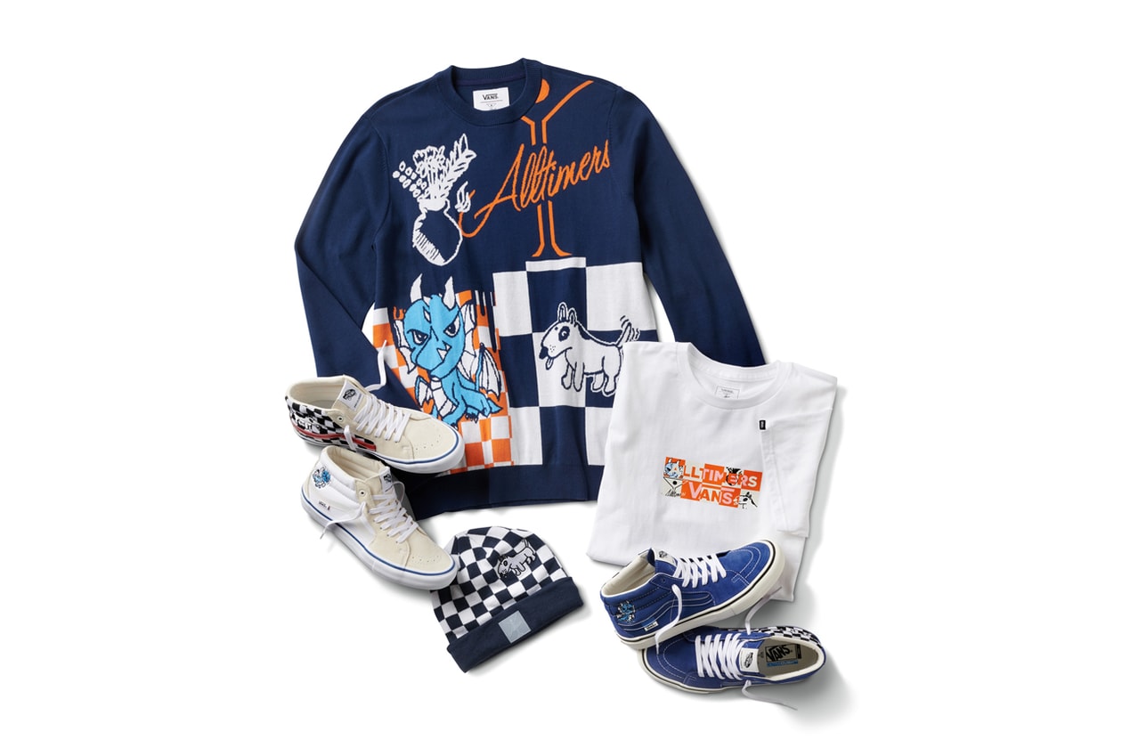Alltimers x Vans Holiday 2019 Collection Sk8-Mid Pro LTD Cartoon Caricatures Blue Dragon Dog Martini Glass Checkerboard Jacquard Sweater Knit T-shirt Beanie Yellow Orange White Black 