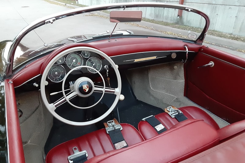 1958 Porsche 356A 1600 Speedster 527k Miles Auction For Sale Vintage Rare German Sportscar Automotive Bring a Trailer Classic Cars Black Red Leather Interior