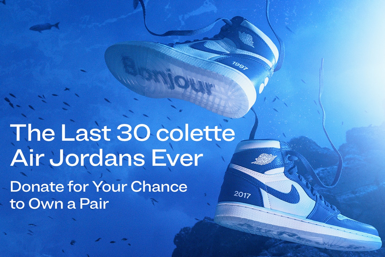 Donate for the Air Jordan 1 Colette Blue Bonjour Au Revoiur 1997 2017 Oceana two-dot logo icy blue blue and pearly white coated over the lateral ankle collar and midsole hello farewell