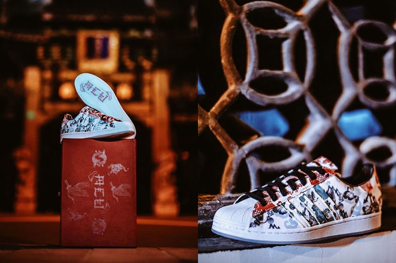 ACU Shanghai adidas Originals Superstar Friends & Family Limited Edition 100 Copies Sneaker Closer Look 50th Anniversary Three Stripes Sneaker Con Koi Carp Design Pattern Crane Tiger
