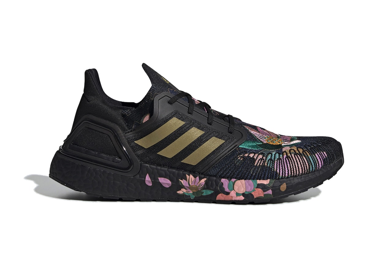adidas UltraBOOST 20 Chinese New Year Collection Core Black Gold Metallic Three Stripes Lotus Flowers Embroidery Pink Purple Green