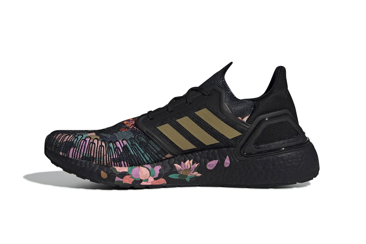 adidas UltraBOOST 20 Chinese New Year Collection Core Black Gold Metallic Three Stripes Lotus Flowers Embroidery Pink Purple Green