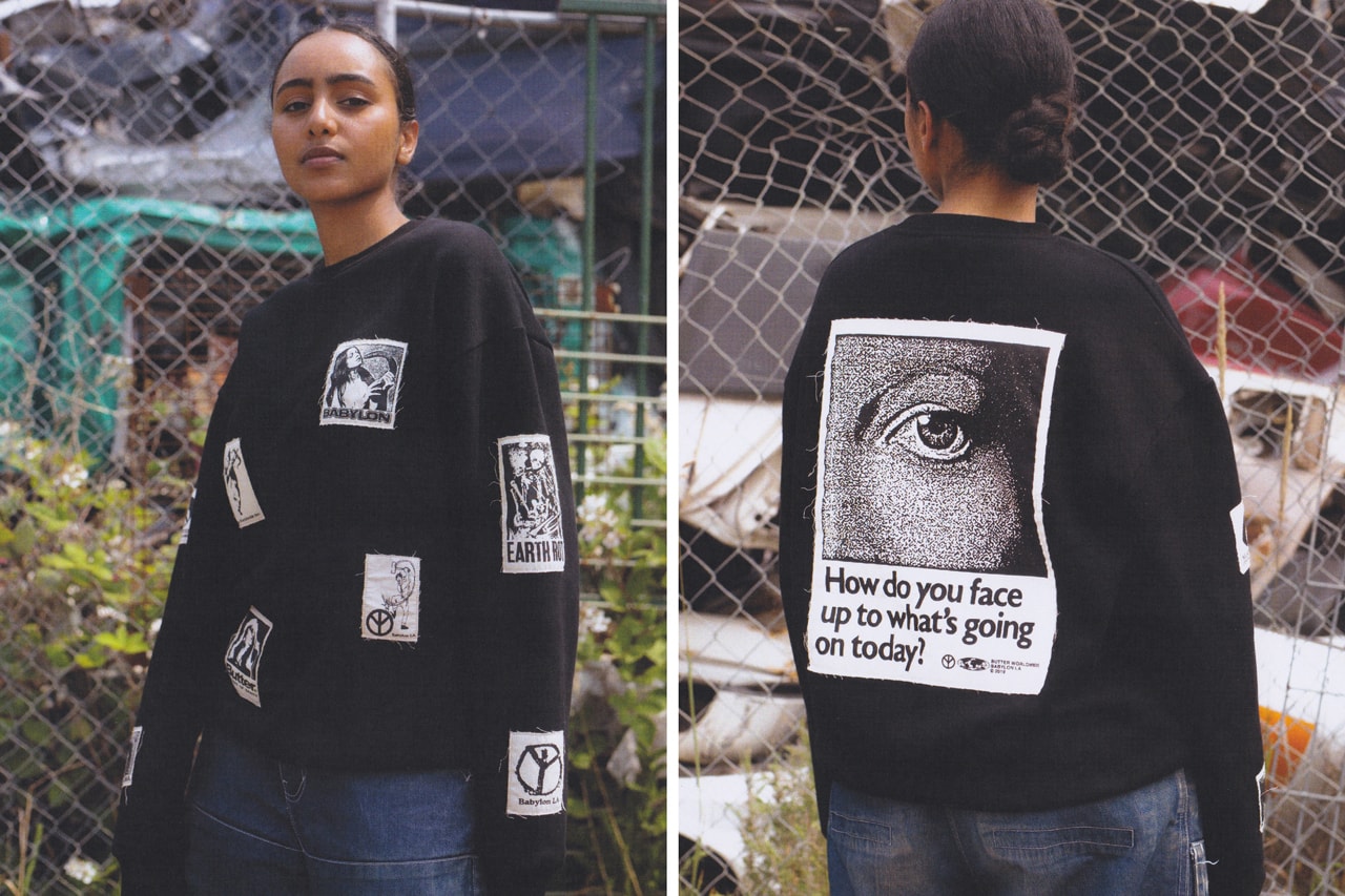 Butter Goods x Babylon LA Lookbook Collection Collaboration Crewnecks T-shirts Shorts Python Woman Eye "How do you face up to what's going on today?" Black White Yellow Peace Sign Angel Baby