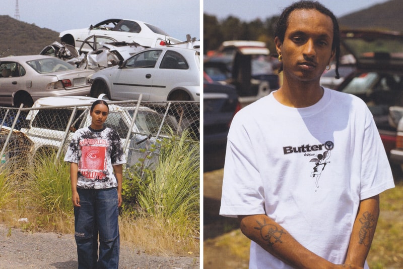 Butter Goods x Babylon LA Lookbook Collection Collaboration Crewnecks T-shirts Shorts Python Woman Eye "How do you face up to what's going on today?" Black White Yellow Peace Sign Angel Baby