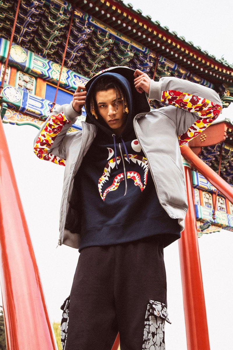 BAPE China 9th Anniversary Capsule a bathing ape shark hoodies red yellow abc camo print ape head bags accessories 