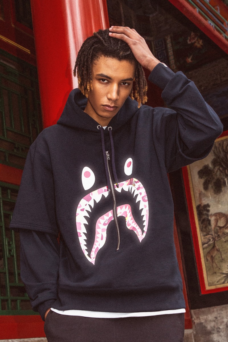 BAPE China 9th Anniversary Capsule a bathing ape shark hoodies red yellow abc camo print ape head bags accessories 