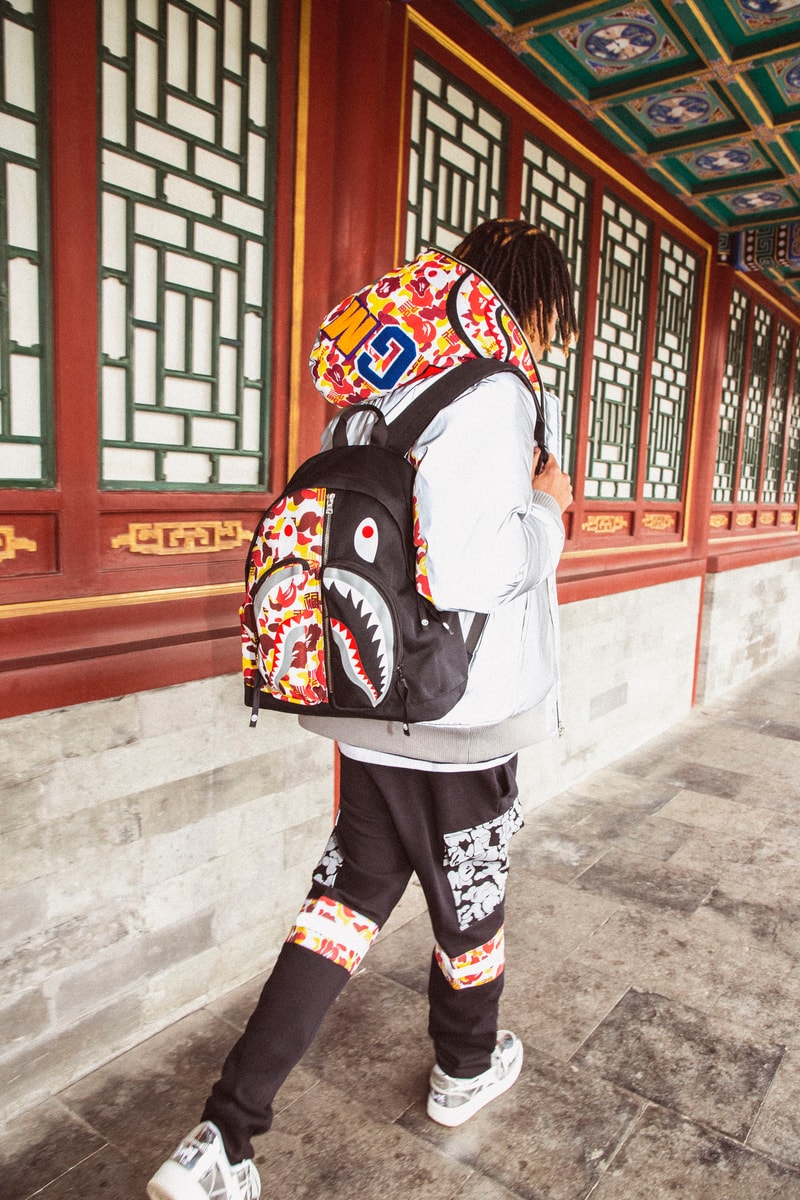 BAPE China 9th Anniversary Capsule a bathing ape shark hoodies red yellow abc camo print ape head bags accessories 