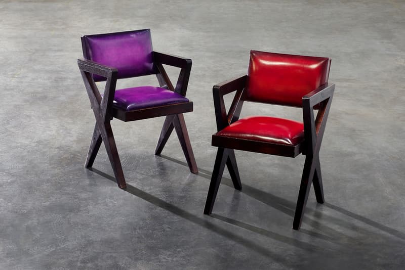 Berluti x Pierre Jeanneret Furniture Art Basel 2019 Kris Van Assche François Laffanour Galerie Downtown Day Bed Cinema Chairs Desk Folding Screen Purple Red Brown Blue Green Orange