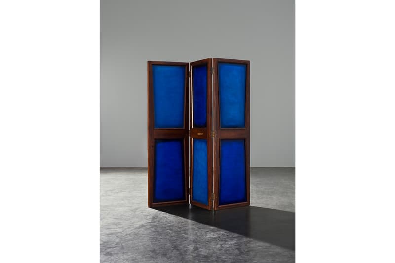 Berluti x Pierre Jeanneret Furniture Art Basel 2019 Kris Van Assche François Laffanour Galerie Downtown Day Bed Cinema Chairs Desk Folding Screen Purple Red Brown Blue Green Orange
