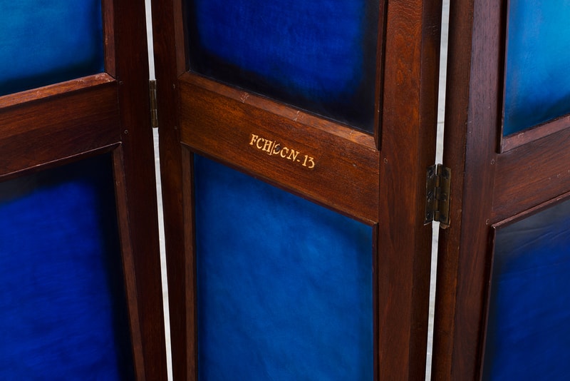 Berluti x Pierre Jeanneret Furniture Art Basel 2019 Kris Van Assche François Laffanour Galerie Downtown Day Bed Cinema Chairs Desk Folding Screen Purple Red Brown Blue Green Orange