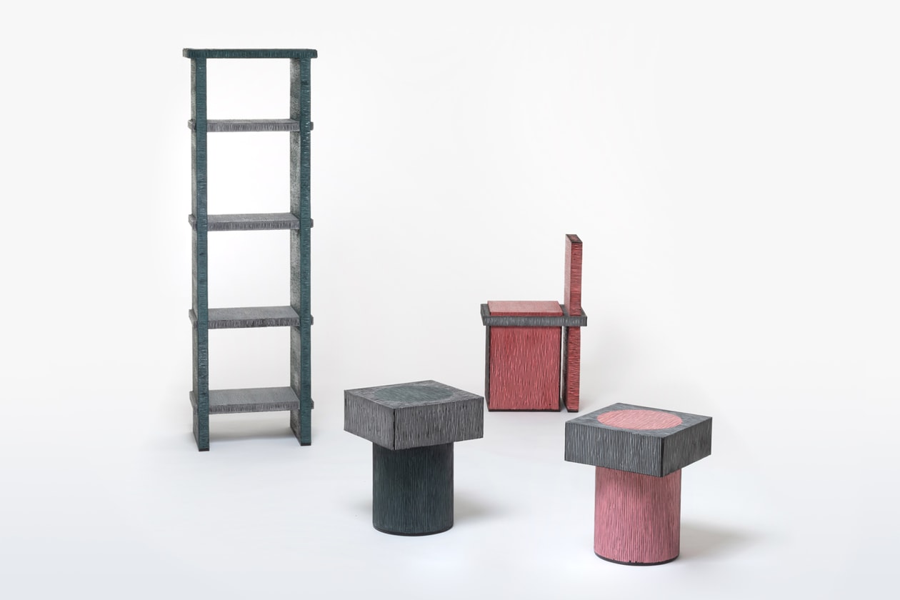 Chiho Cheon 'Criteria 2019' Furniture Series Stools Chairs Tables Shelves Purple Blue Red Black Gray Corrugated Cardboard Concrete 