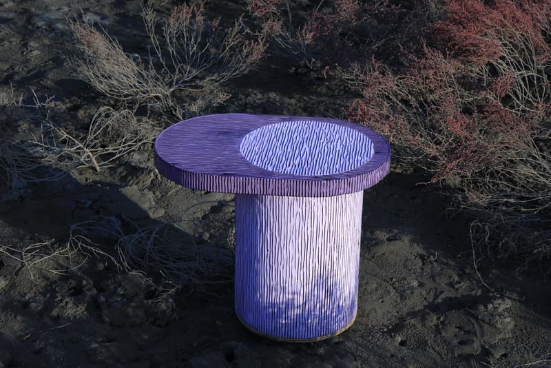 Chiho Cheon 'Criteria 2019' Furniture Series Stools Chairs Tables Shelves Purple Blue Red Black Gray Corrugated Cardboard Concrete