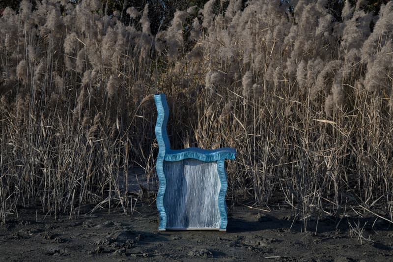 Chiho Cheon 'Criteria 2019' Furniture Series Stools Chairs Tables Shelves Purple Blue Red Black Gray Corrugated Cardboard Concrete 