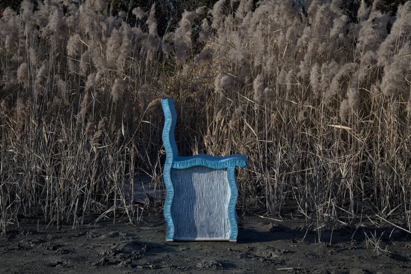 Chiho Cheon 'Criteria 2019' Furniture Series Stools Chairs Tables Shelves Purple Blue Red Black Gray Corrugated Cardboard Concrete