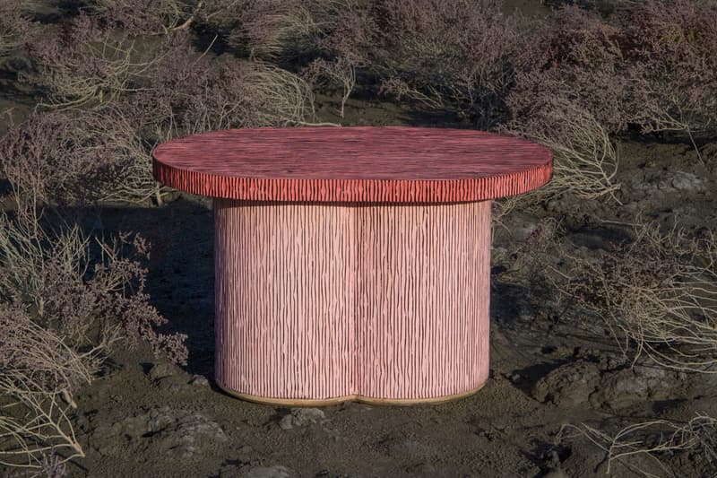 Chiho Cheon 'Criteria 2019' Furniture Series Stools Chairs Tables Shelves Purple Blue Red Black Gray Corrugated Cardboard Concrete 