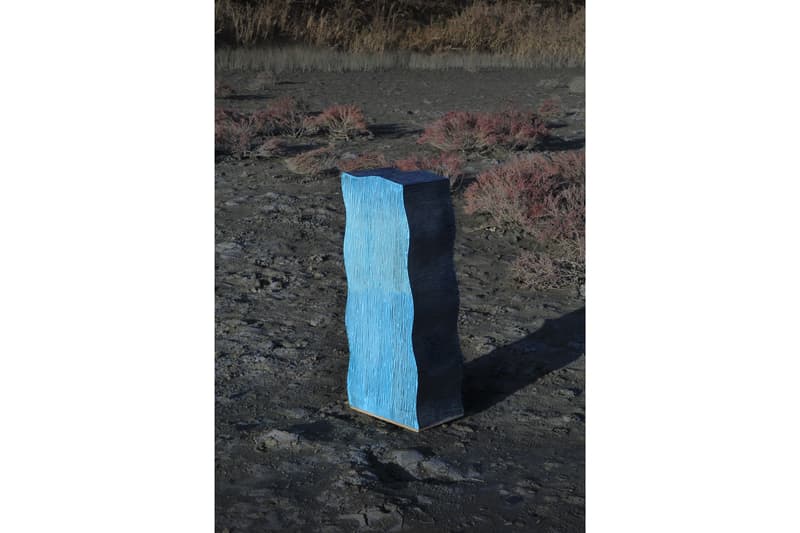 Chiho Cheon 'Criteria 2019' Furniture Series Stools Chairs Tables Shelves Purple Blue Red Black Gray Corrugated Cardboard Concrete