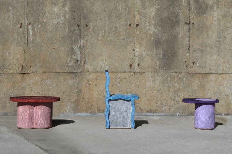 Chiho Cheon 'Criteria 2019' Furniture Series Stools Chairs Tables Shelves Purple Blue Red Black Gray Corrugated Cardboard Concrete 