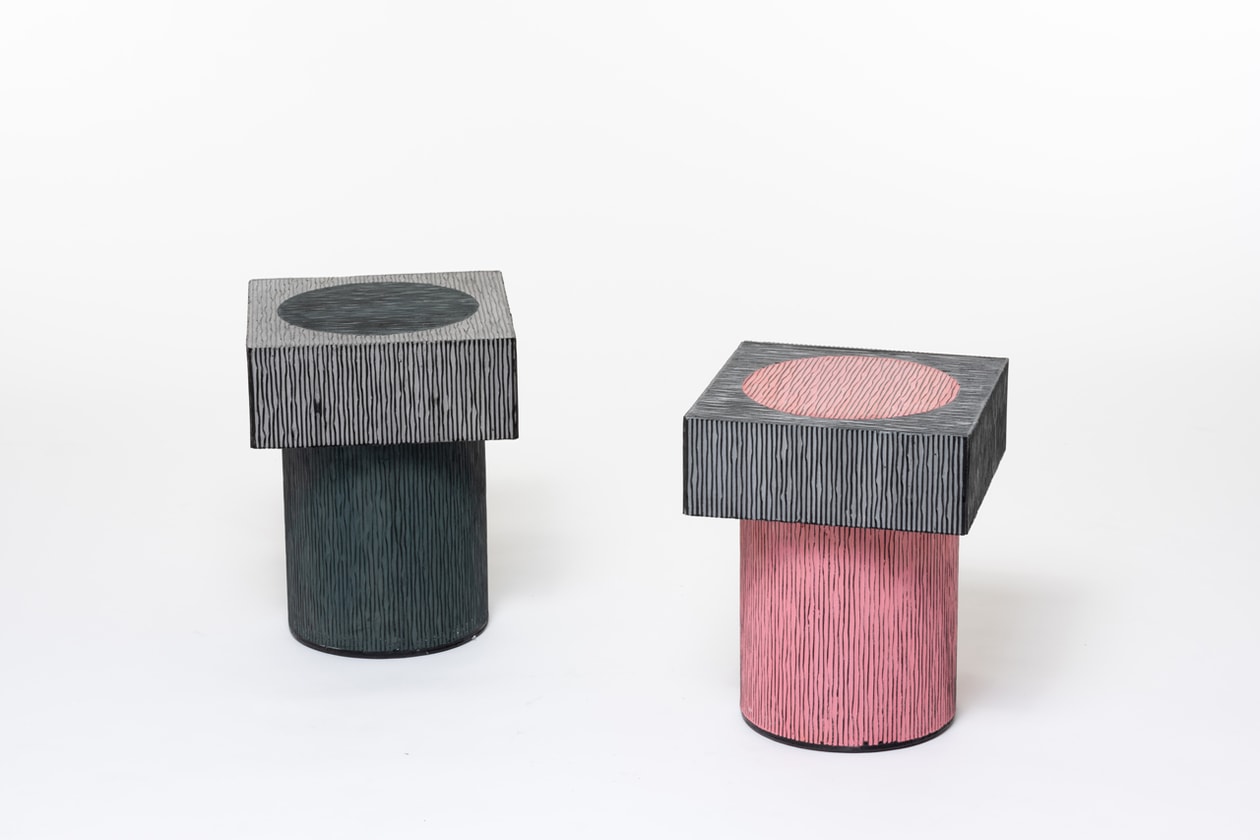 Chiho Cheon 'Criteria 2019' Furniture Series Stools Chairs Tables Shelves Purple Blue Red Black Gray Corrugated Cardboard Concrete 