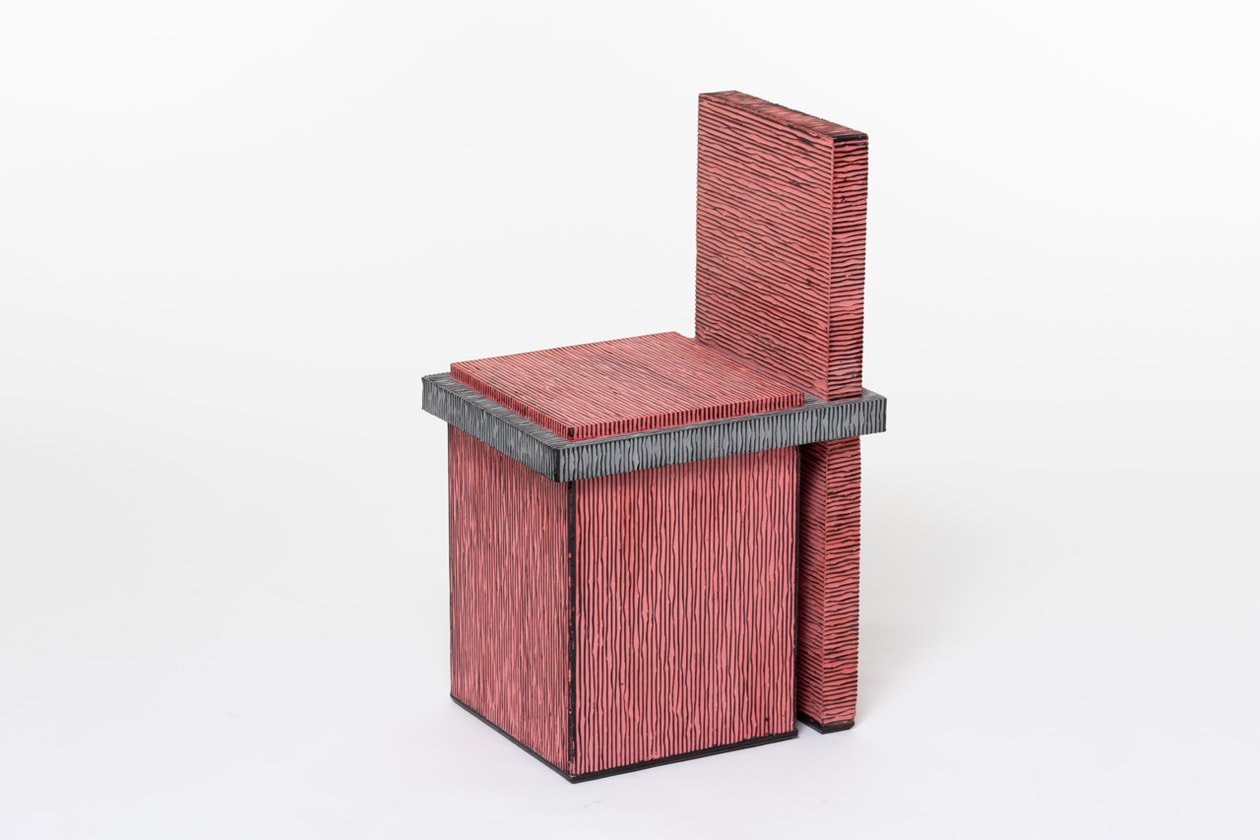 Chiho Cheon 'Criteria 2019' Furniture Series Stools Chairs Tables Shelves Purple Blue Red Black Gray Corrugated Cardboard Concrete 
