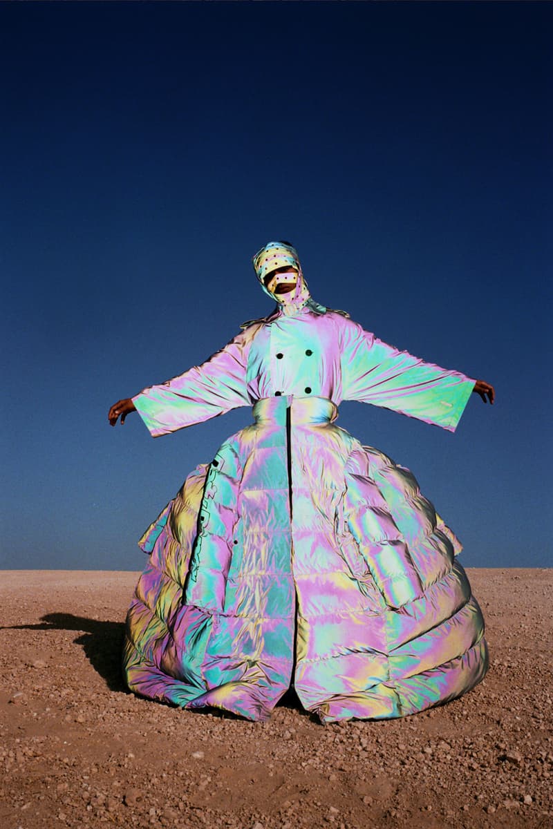 Daily Paper Fall/Winter 2019 Editorial Mouse Lamrabat Afrofuturism Reflective Puffer Coats Green Blue Snakeskin Morocco Desert