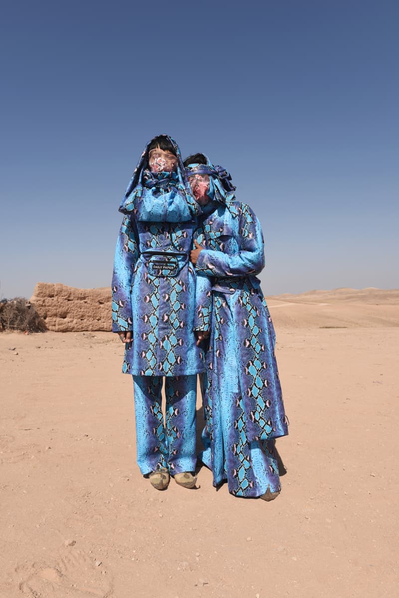 Daily Paper Fall/Winter 2019 Editorial Mouse Lamrabat Afrofuturism Reflective Puffer Coats Green Blue Snakeskin Morocco Desert