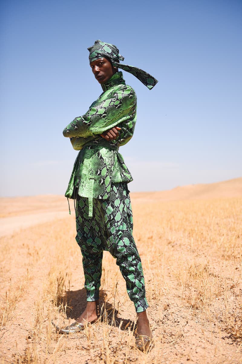 Daily Paper Fall/Winter 2019 Editorial Mouse Lamrabat Afrofuturism Reflective Puffer Coats Green Blue Snakeskin Morocco Desert