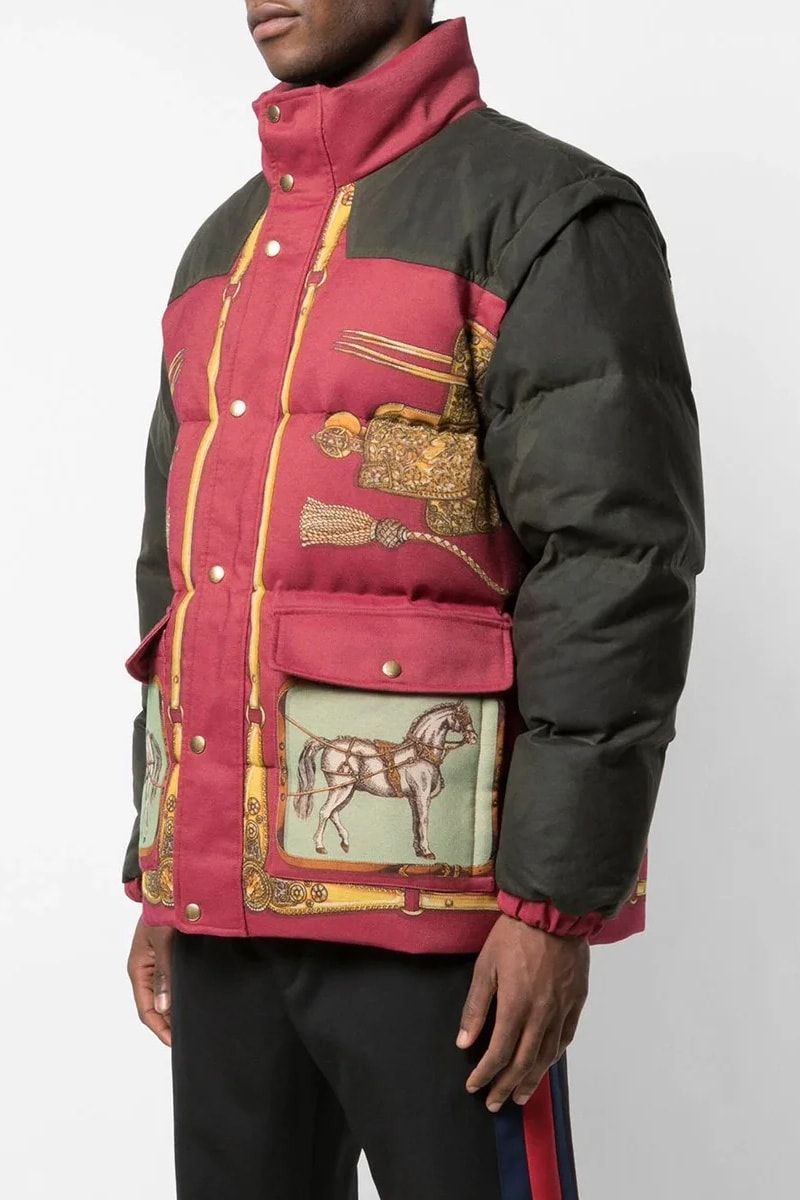 Gucci Releases Baroque-Pattern Puffer Jacket  red horses black gillet down coat drop date info price buy now 595436 Z8AFG made in italy 