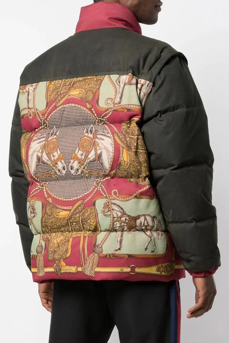 Gucci Releases Baroque-Pattern Puffer Jacket  red horses black gillet down coat drop date info price buy now 595436 Z8AFG made in italy 
