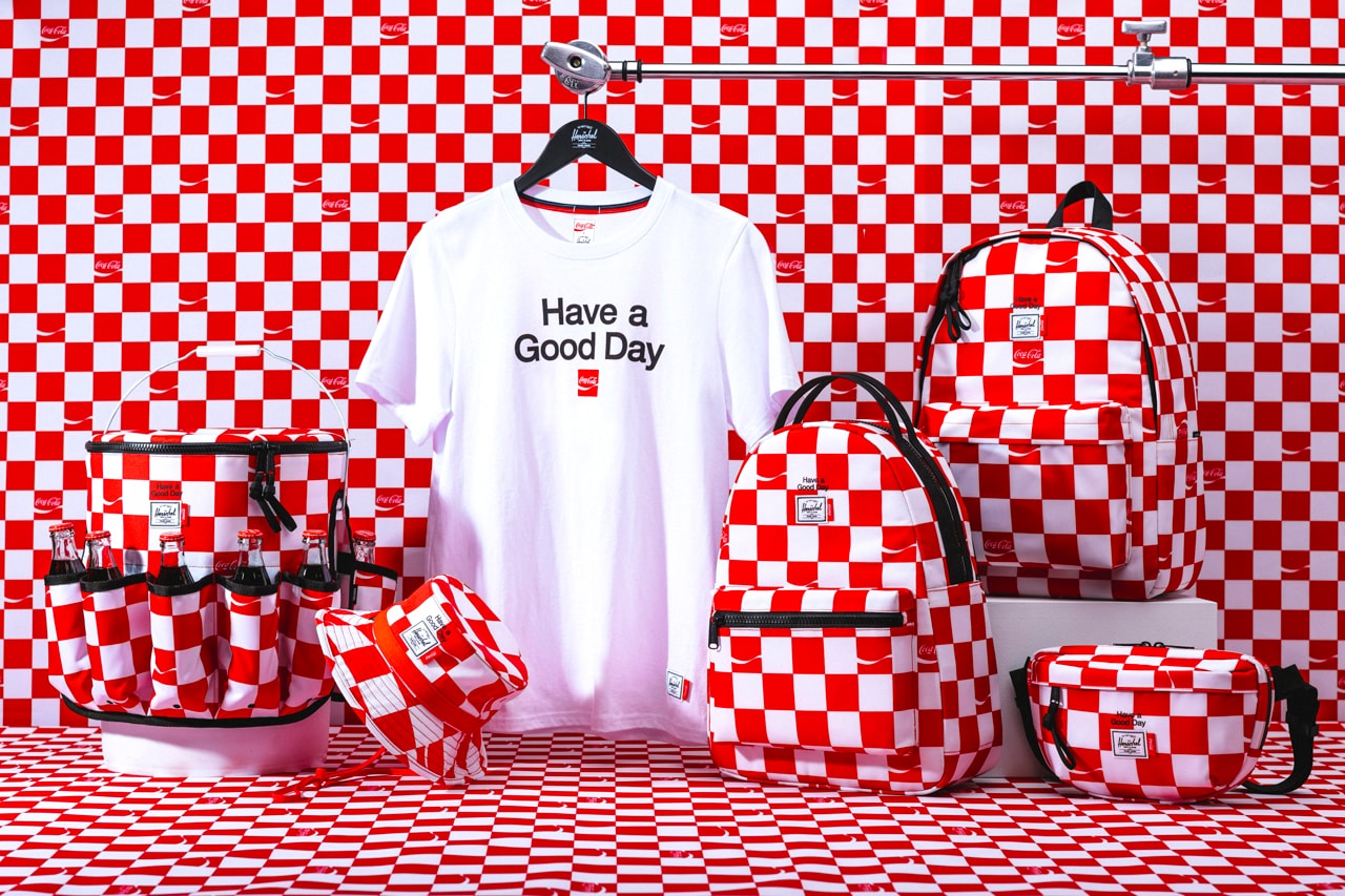 Herschel Supply Coca-Cola Second Collaboration Summer Days Classic X-Large backpack Nova Mid-Volume backpack Nineteen hip pack Have a Good Day Bucket Beach Bag Coca-Cola slogan screen print Coca-Cola woven tab and Herschel Supply’s classic white woven label 100% cotton tee 100% cotton twill Ben bucket hat Coca-Cola checkerboard print