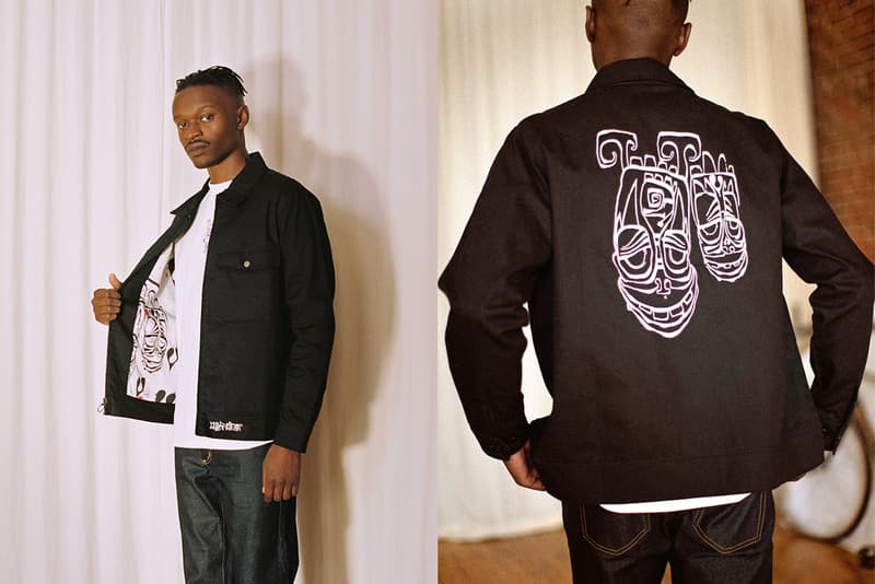 huf artist phil frost bearbrick medicome toy collaboration collection winter 2019 apparel accessories graffiti print totemic faces cotton twill worker jacket fleece tees hats socks skateboard deck