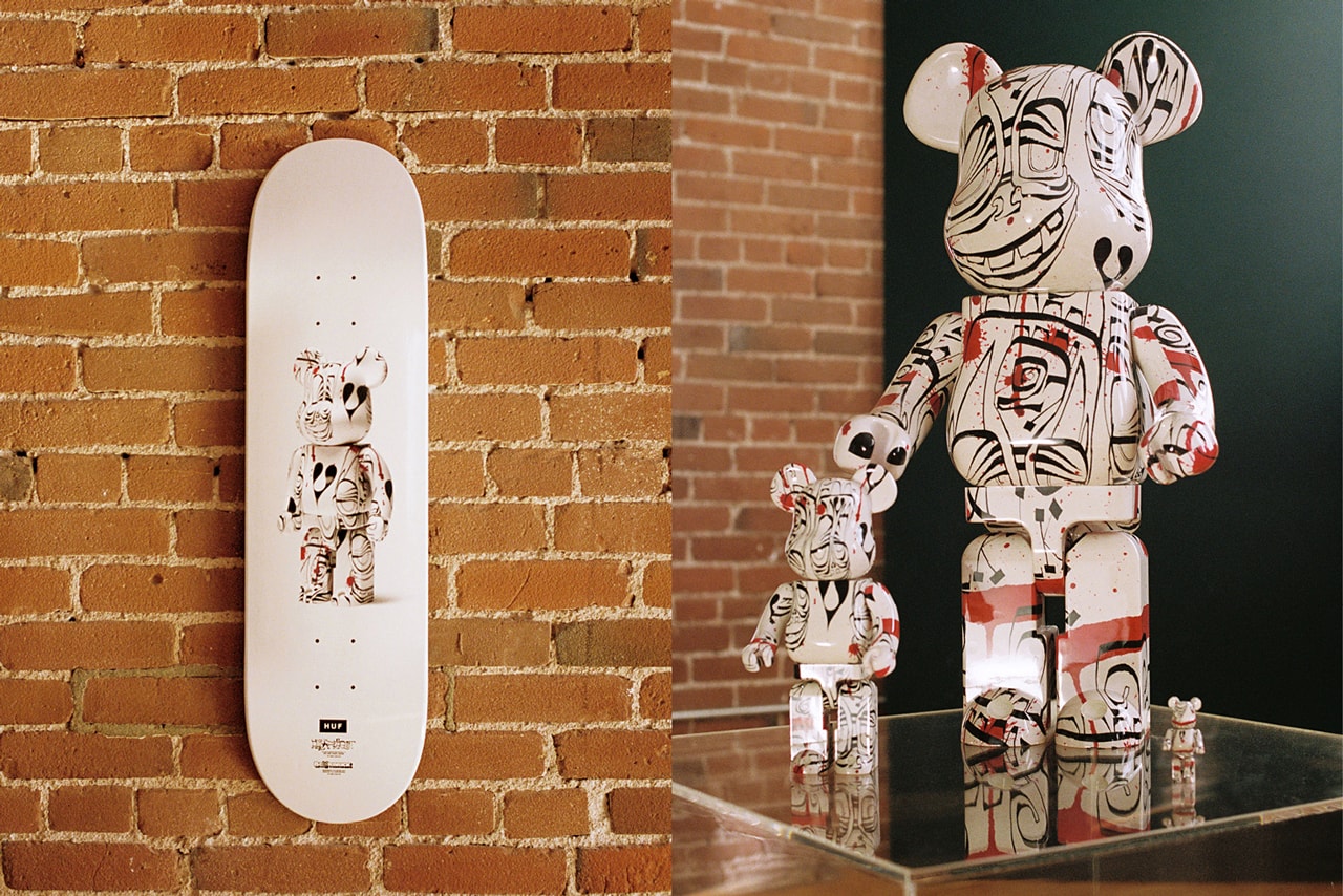 huf artist phil frost bearbrick medicome toy collaboration collection winter 2019 apparel accessories graffiti print totemic faces cotton twill worker jacket fleece tees hats socks skateboard deck