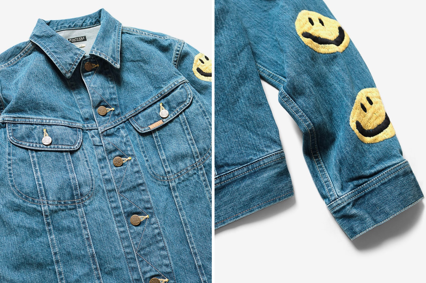 KAPITAL 14oz Denim Smile Embroidery Westerner Jacket jean indigo yellow brass buttons japanese classic retro vintage trucker americana Fall Winter 2019 Collection layers elongated