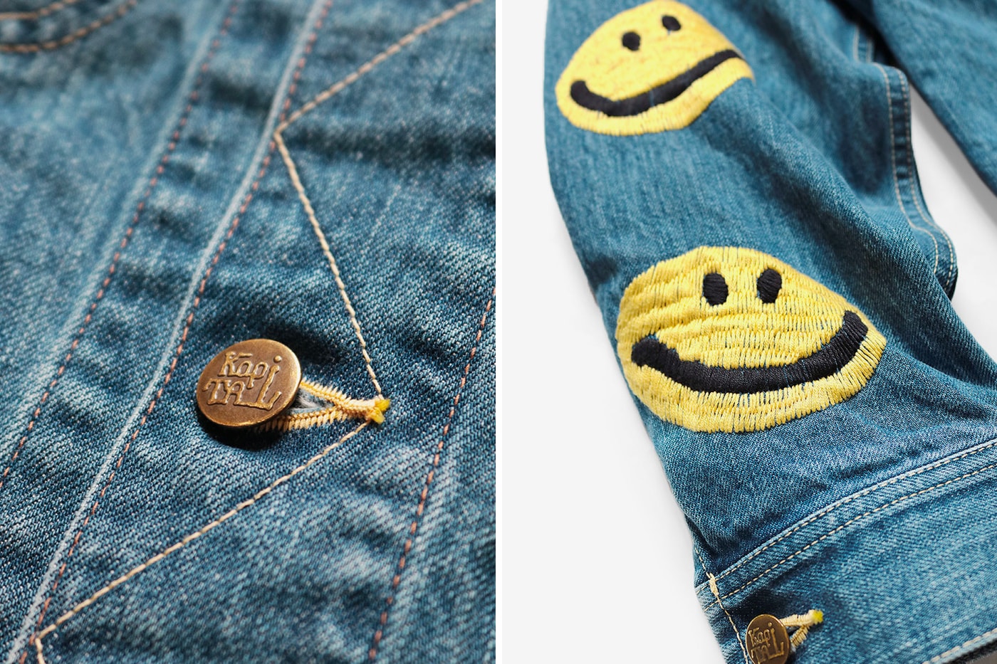 KAPITAL 14oz Denim Smile Embroidery Westerner Jacket jean indigo yellow brass buttons japanese classic retro vintage trucker americana Fall Winter 2019 Collection layers elongated