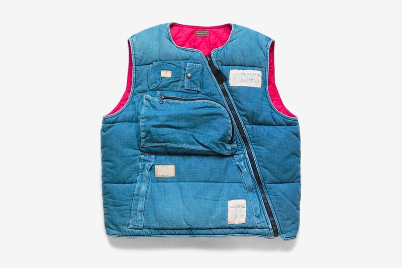 Kapital 8oz Denim Army Flight Vest Release Info indigo journey remake buy now drop details price diagonal zipper red quilted lining vintage denim upcycled 