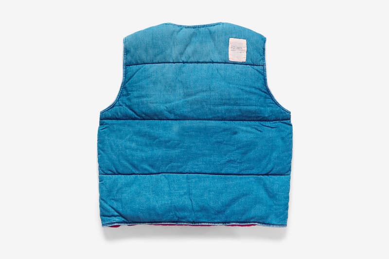 Kapital 8oz Denim Army Flight Vest Release Info indigo journey remake buy now drop details price diagonal zipper red quilted lining vintage denim upcycled