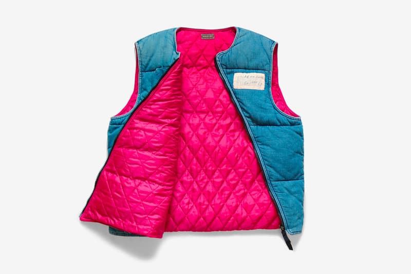 Kapital 8oz Denim Army Flight Vest Release Info indigo journey remake buy now drop details price diagonal zipper red quilted lining vintage denim upcycled