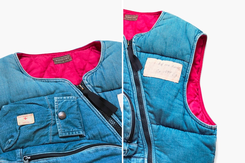 Kapital 8oz Denim Army Flight Vest Release Info indigo journey remake buy now drop details price diagonal zipper red quilted lining vintage denim upcycled 