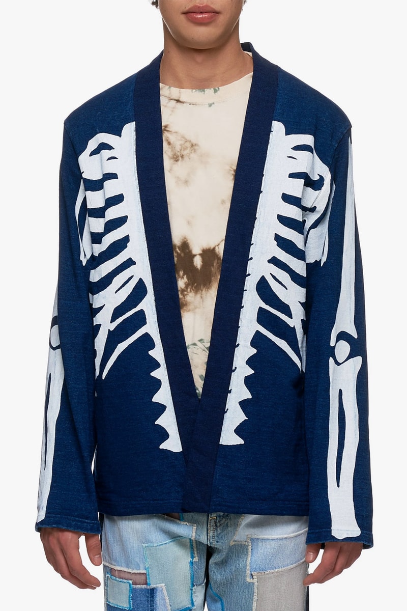 KAPITAL Skeleton Caridgan Kiro Hirata Fall Winter 2019 Collection indigo apparel japanese designers made in japan vintage retro hand painted graphic print sweaters outerwear bones EK-794-BLUE