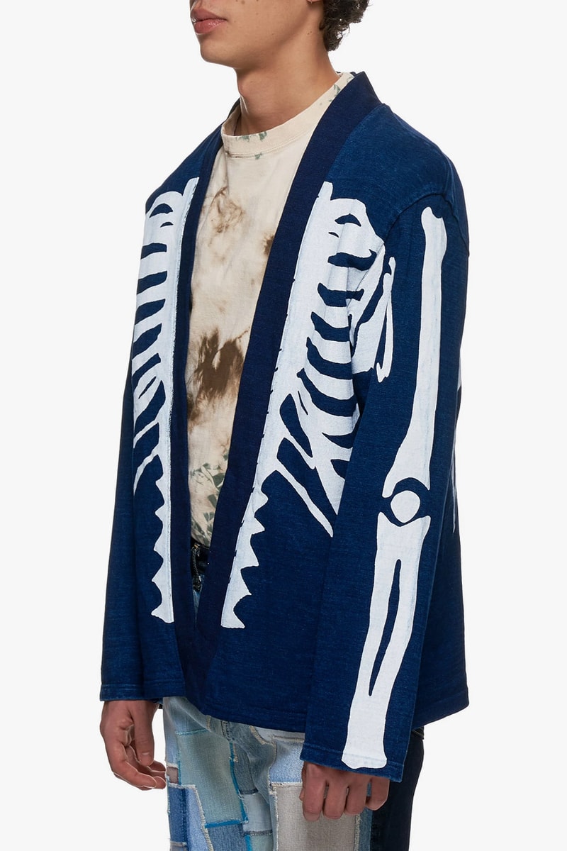 KAPITAL Skeleton Caridgan Kiro Hirata Fall Winter 2019 Collection indigo apparel japanese designers made in japan vintage retro hand painted graphic print sweaters outerwear bones EK-794-BLUE