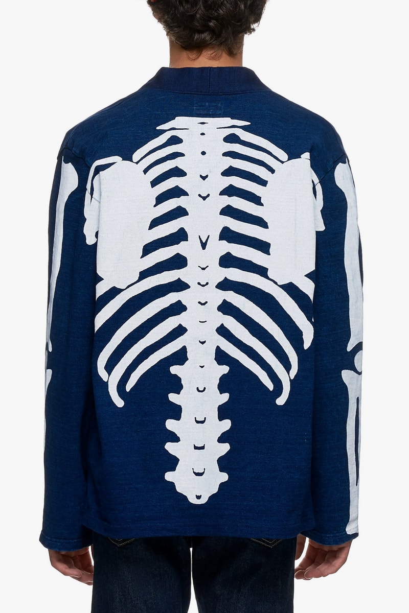 KAPITAL Skeleton Caridgan Kiro Hirata Fall Winter 2019 Collection indigo apparel japanese designers made in japan vintage retro hand painted graphic print sweaters outerwear bones EK-794-BLUE