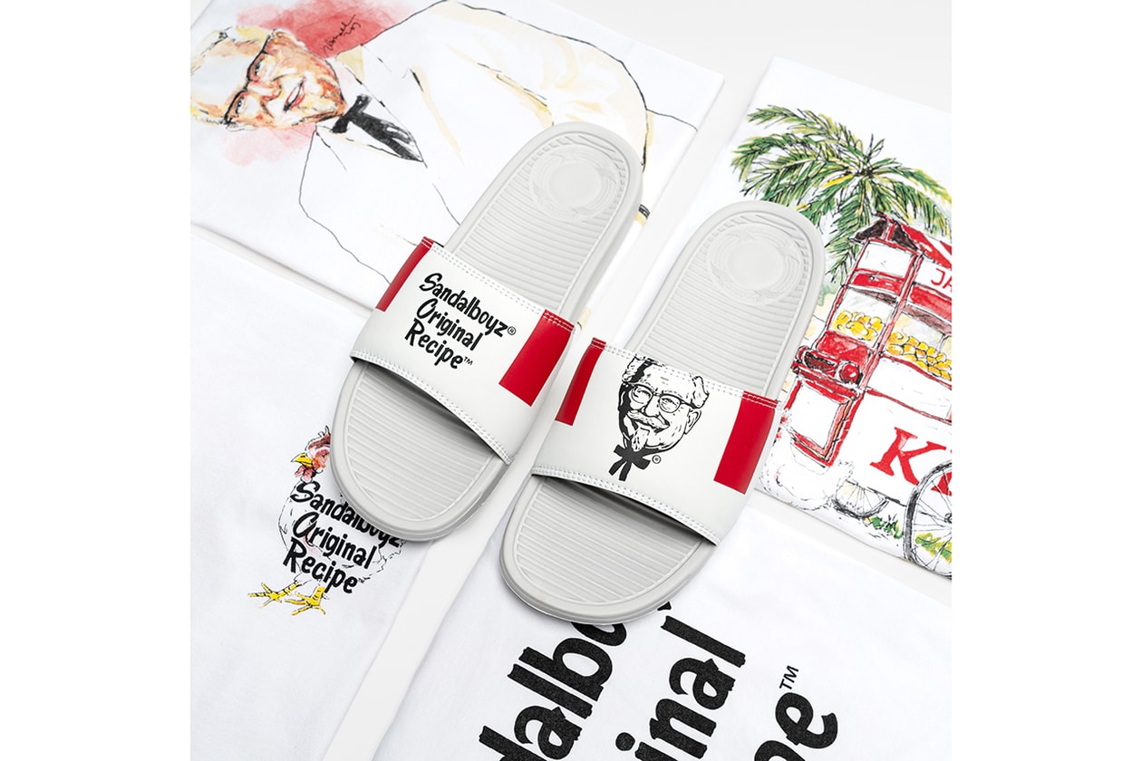 LAのサンダルブランド SANDALBOYZ が KFCを招聘したカプセルコレクションを発表 KFC x SANDALBOYZ Court Slides & Clothing Collection First Look Indonesia Capsule t-shirts hoodies shorts socks Lookbooks Colonel Sanders Fried Chicken Inspired Release information