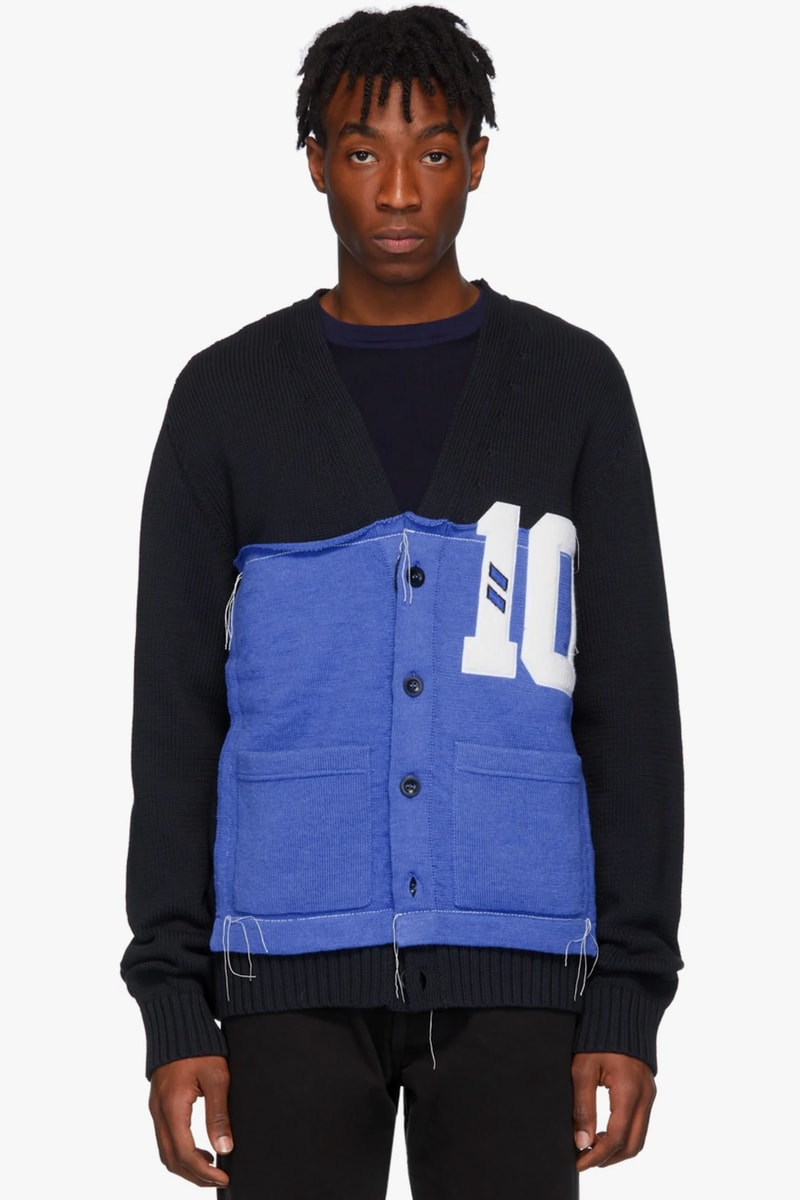 Maison Margiela Black Varsity Cardigan Release Info number nine vibes college cotton wool knit buy now ssense overstitched patchwork y-neck 