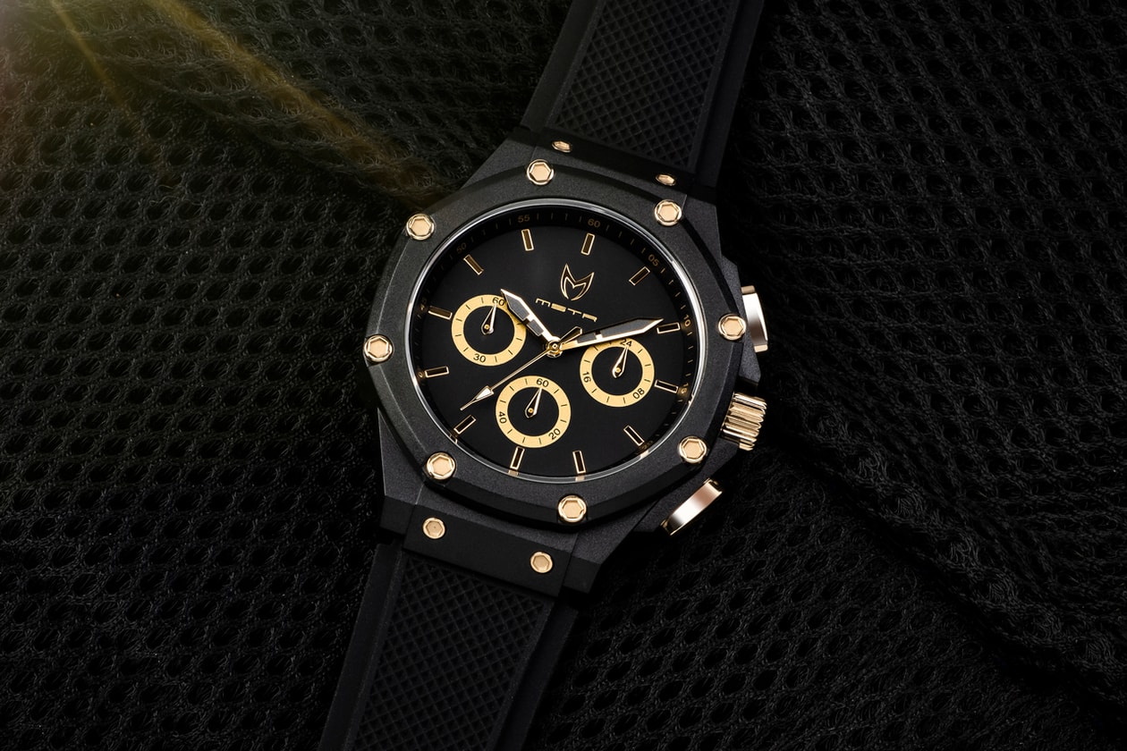 Meister Celebrates 10th Anniversary Ambassador Watches 40mm case size white black on black black and red black and gold multi-piece polycarbonate case and a bezel Japanese 6 hand chronograph Miyota movement stopwatch function 24-hour clock distinct design silver stainless steel pushers crown and bolts complement