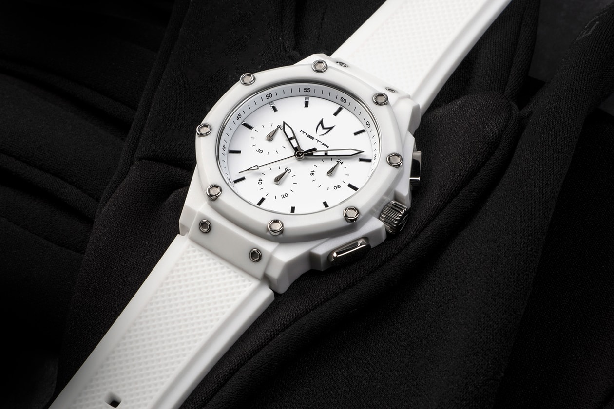 Meister Celebrates 10th Anniversary Ambassador Watches 40mm case size white black on black black and red black and gold multi-piece polycarbonate case and a bezel Japanese 6 hand chronograph Miyota movement stopwatch function 24-hour clock distinct design silver stainless steel pushers crown and bolts complement