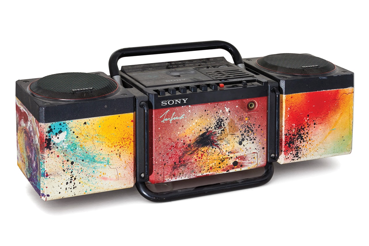 MFA Boston "Writing the Future: Jean-Michel Basquiat and the Hip-Hop Generation" Exhibition Post-Graffiti Paintings Boombox Leather Jacket Column Futura Keith Haring